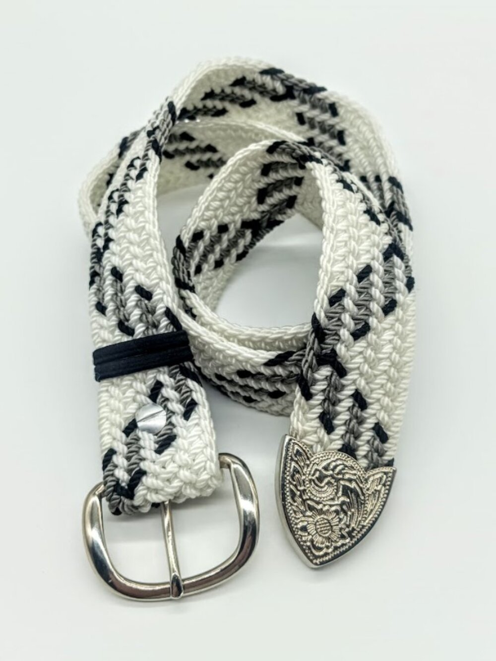White Grey Black Woven Fabric Silver Tip Belt